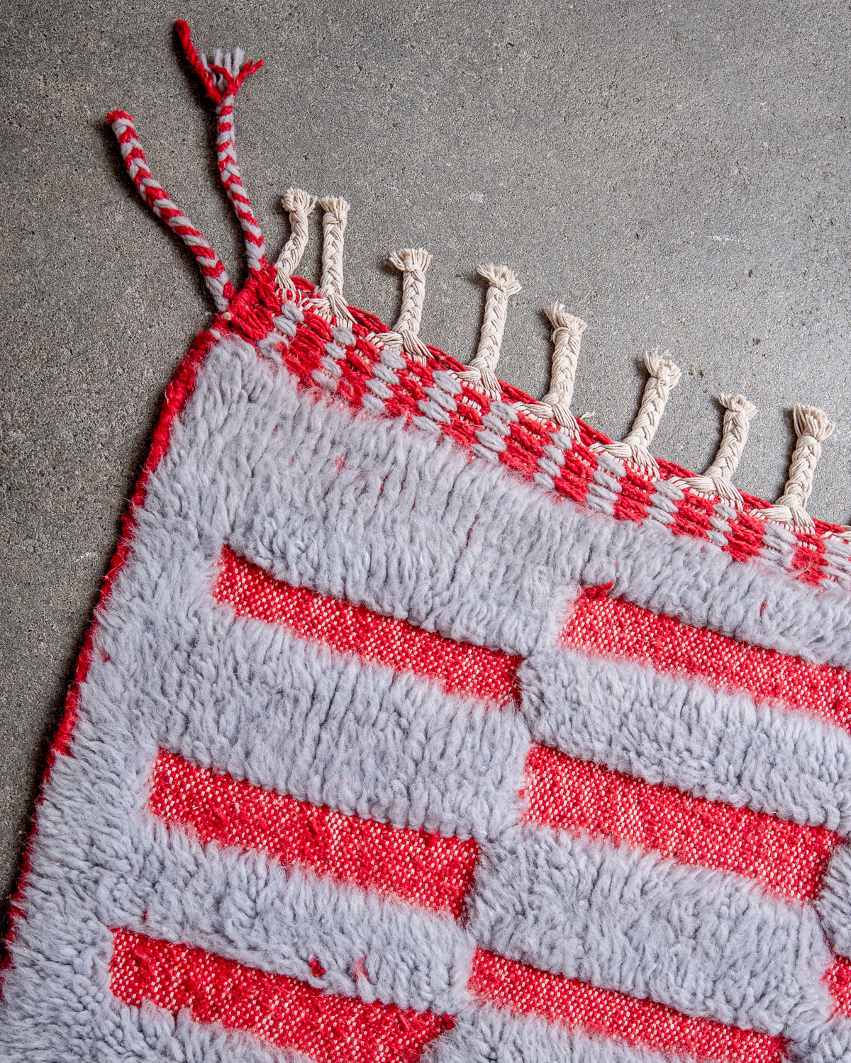 Modern, designer, handcrafted Berber rug from Morocco. Beniourain carpet with beautiful colours and patterns and fluffy wool texture.